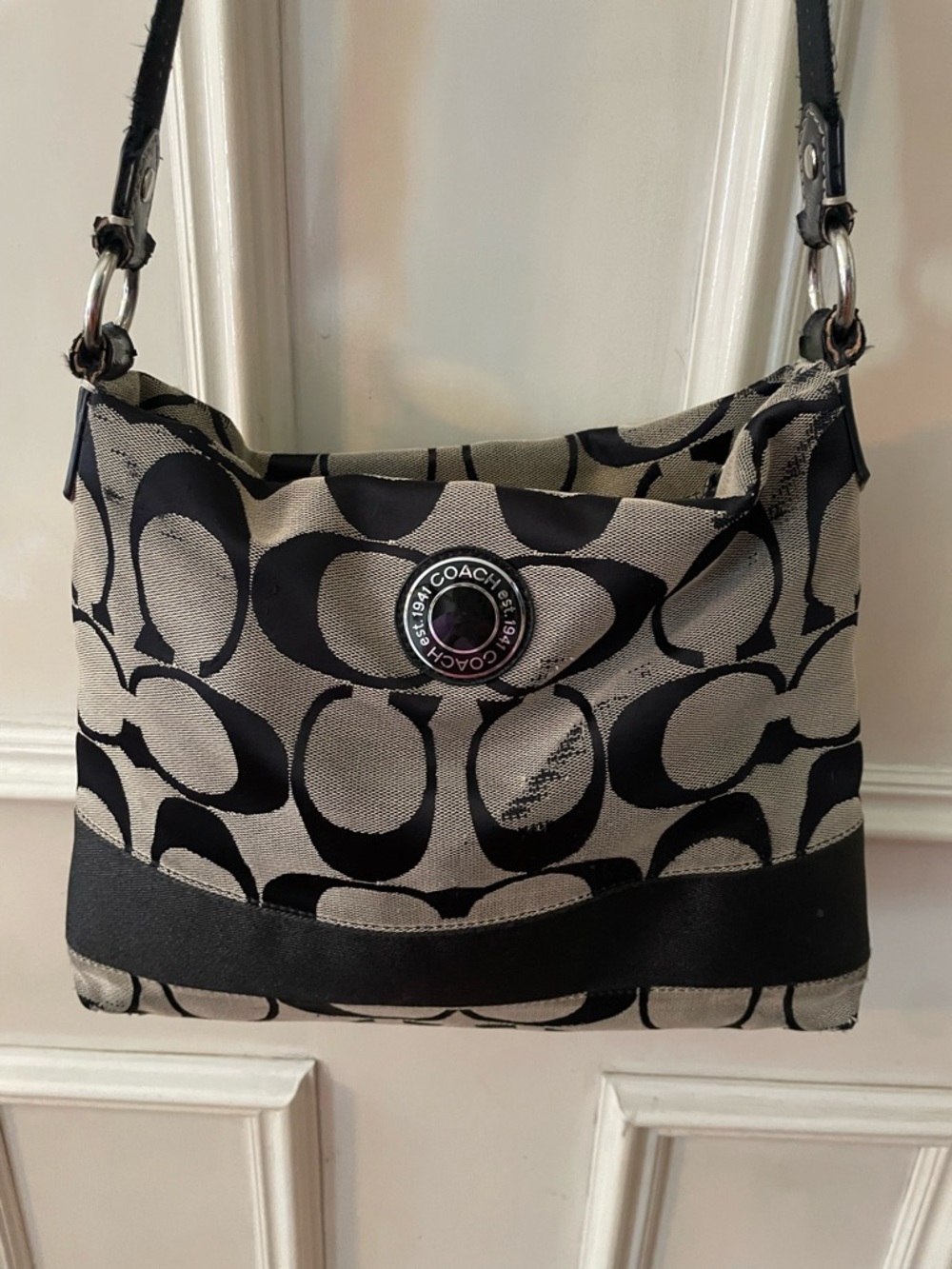 Coach Black and Beige Signature Shoulder Bag with Turn-Lock